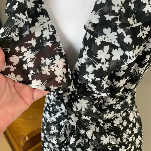 Vintage Size 12 Women's Floral Print Ruffle Dress Black White Tie Waist - Picture 6 of 16